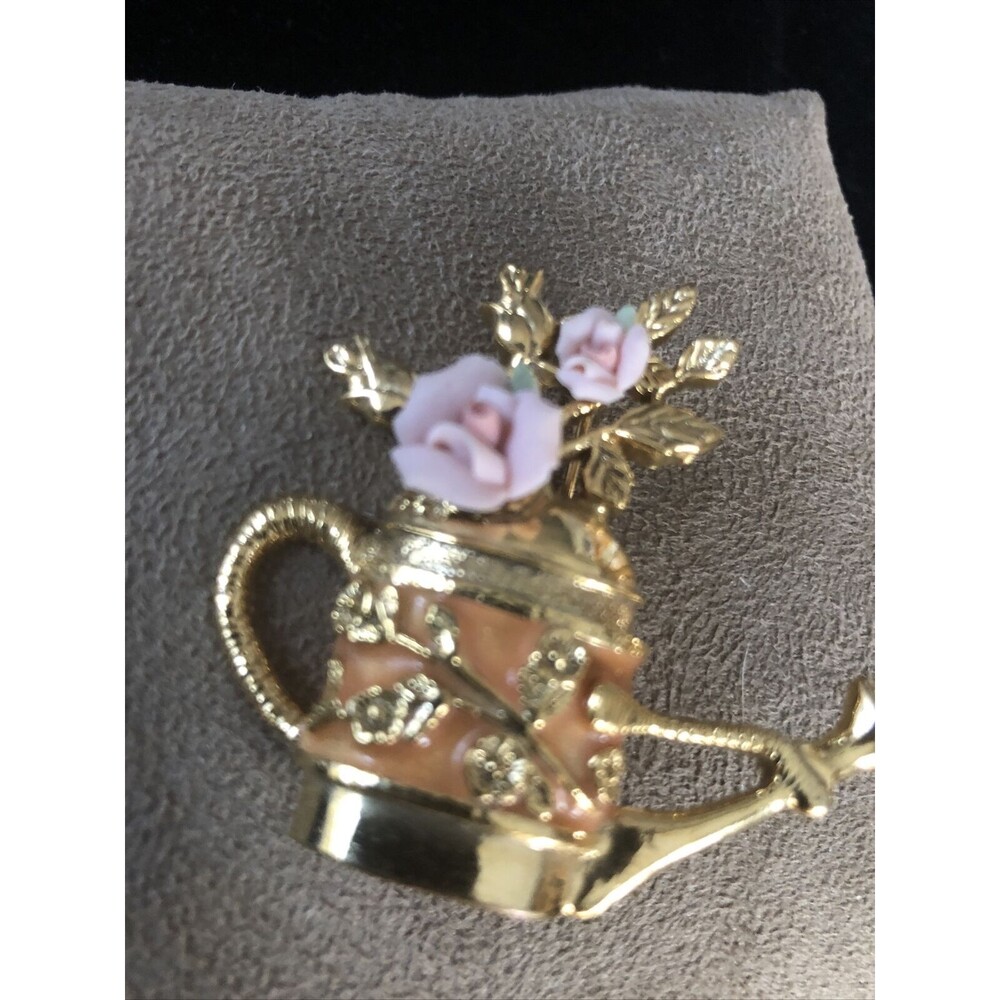 Vintage Enamel water can  with Porcelain Roses Brooch pin gold tone metal.